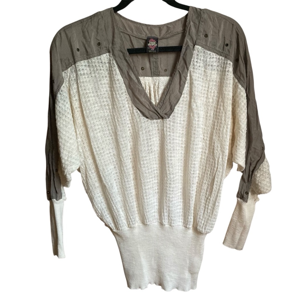FREE PEOPLE | Ivory Olive Brown Open Knit Silk Cotton Sweater S Slouchy Grommet
